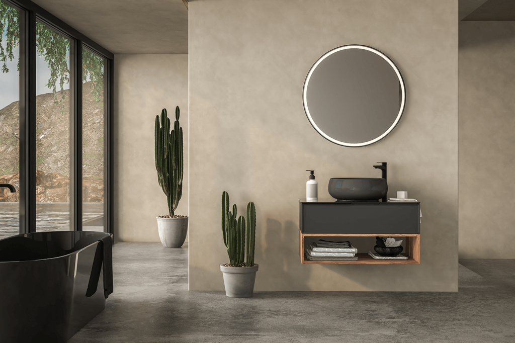 Modernes Badezimmer mit wandhängendem Waschtisch, rundem Spiegel und Aufsatzwaschbecken.